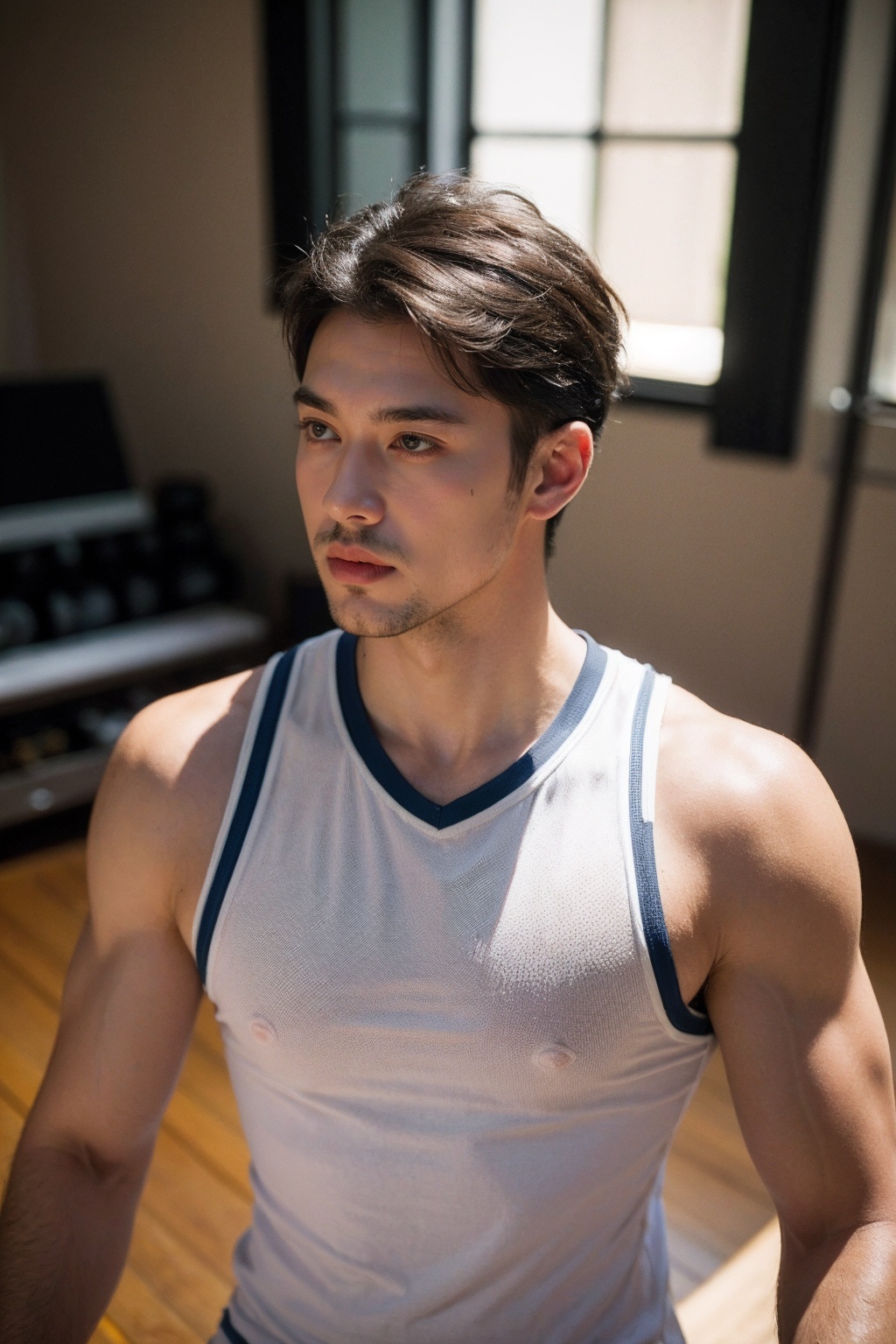 (best quality:1.4),(masterpiece:1.4),(photorealistic:1.4),(Realistic:1.2),(ultra high res, raw photo:1.4),(hdr, hyperdetailed:1.2),(8K:1.2),cinematic photo 1man,upper body,gym_uniform,