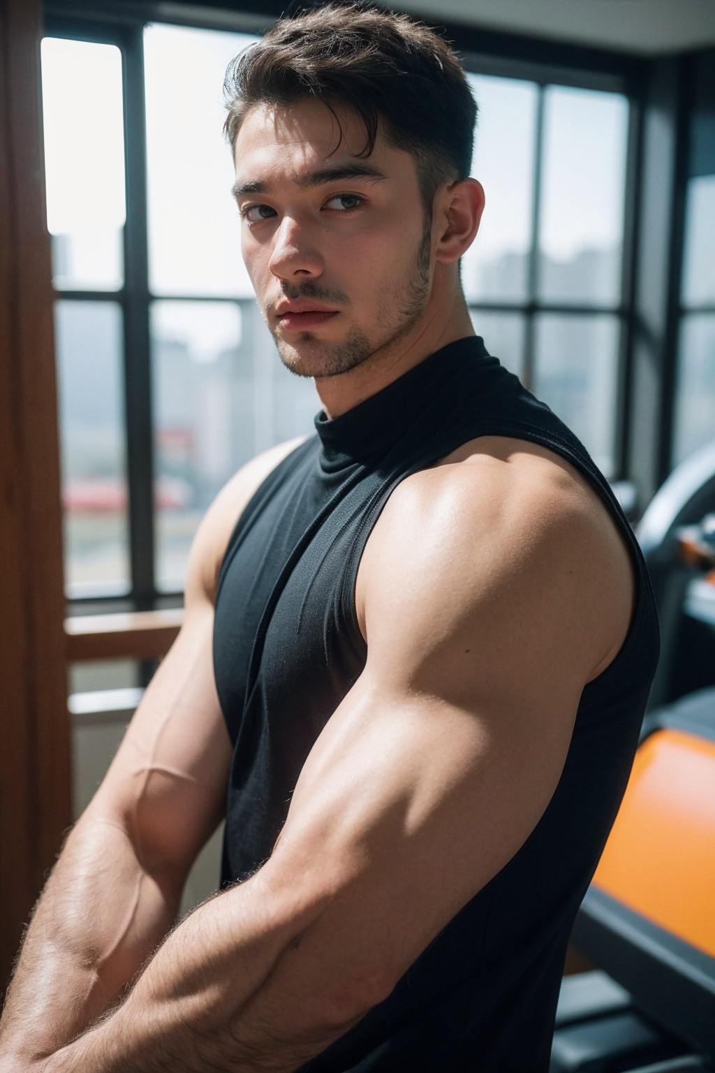 (best quality:1.4),(masterpiece:1.4),(photorealistic:1.4),(Realistic:1.2),(ultra high res, raw photo:1.4),(hdr, hyperdetailed:1.2),(8K:1.2),cinematic photo 1man,upper body,gym_uniform,
