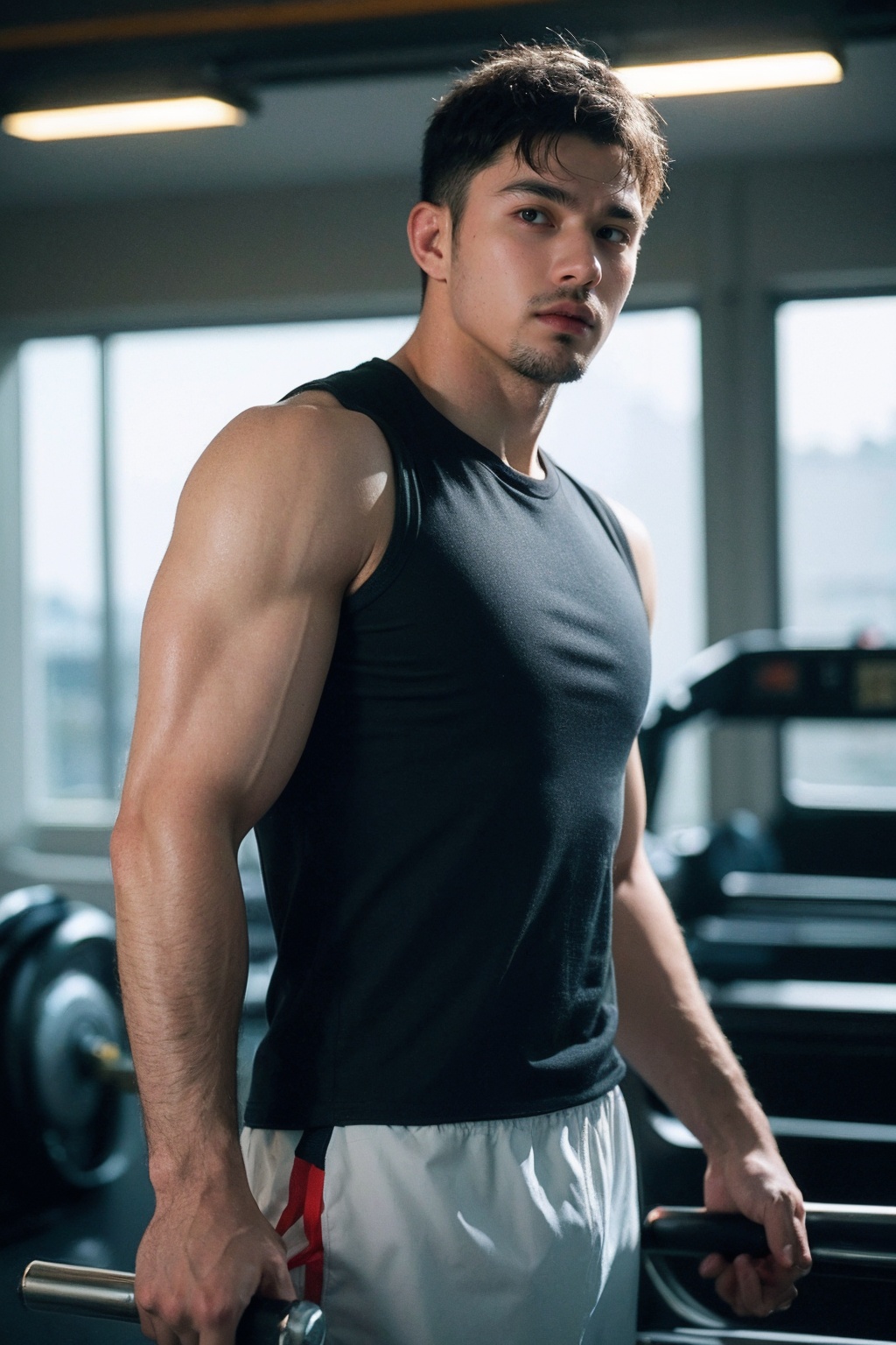 (best quality:1.4),(masterpiece:1.4),(photorealistic:1.4),(Realistic:1.2),(ultra high res, raw photo:1.4),(hdr, hyperdetailed:1.2),(8K:1.2),cinematic photo 1man,upper body,gym_uniform,