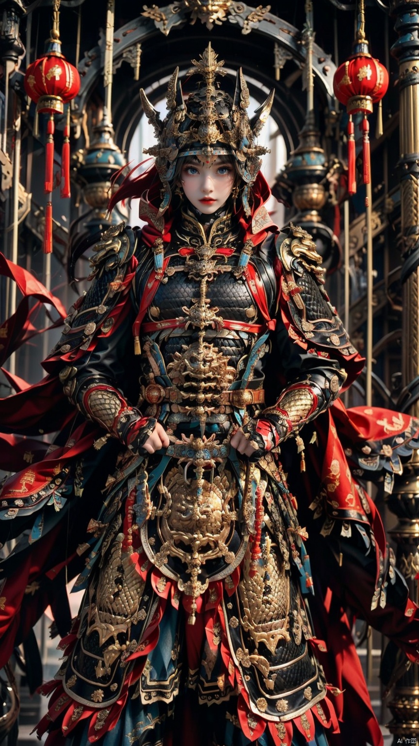 (Cyber Style) 1 Girl, Solo, Female Focus, (Light Blue Eyes), Long White Hair, (Viewing Lens) (Chinese Armor) (Chinese Armor) (Red Armor) (Helmet-Mask) (Cape) (Hand Guard) (Shoulder Guard) (Dynamic Pose)
(HD Wallpaper) Red Lips, Rings, Earrings, Prints, Chinese Architecture, Night, Streets, Neon Lights.