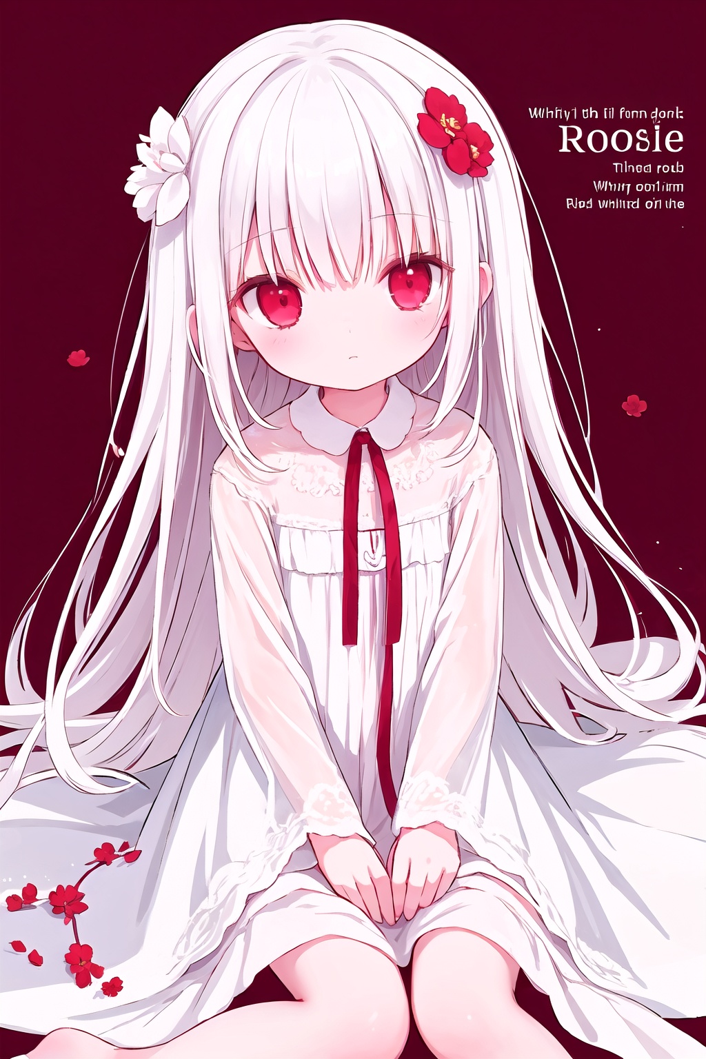 1girl, loli, red eyes, white long translucent night gown, expressionless, (white hair), hair cover one eye, long hair, red hair flower, blood, (white background:1.5), (English text), sit on the ground,