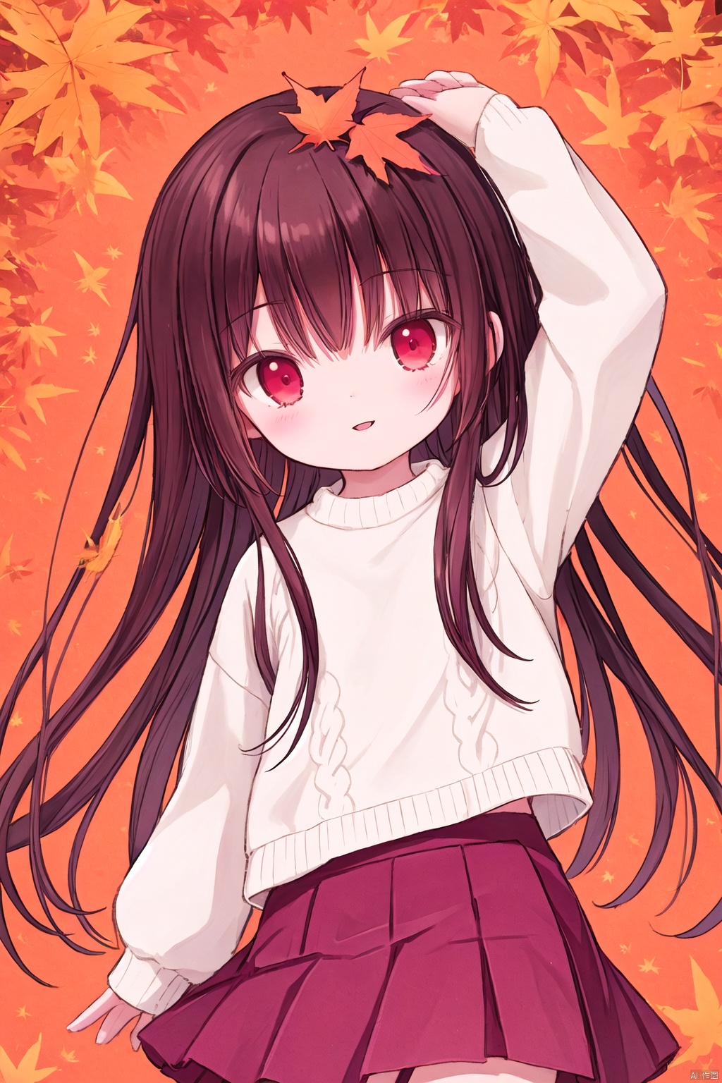 solo,long hair,red eyes,skirt,brown hair,leaf,bangs,white background,holding leaf,long sleeves,looking at viewer,holding,pleated skirt,parted lips,autumn leaves,white sweater,simple background,sweater,arm up,brown skirt,red skirt,maple leaf,very long hair,shirt,white shirt,ia-style(1girl,loli,evil smile,blush),