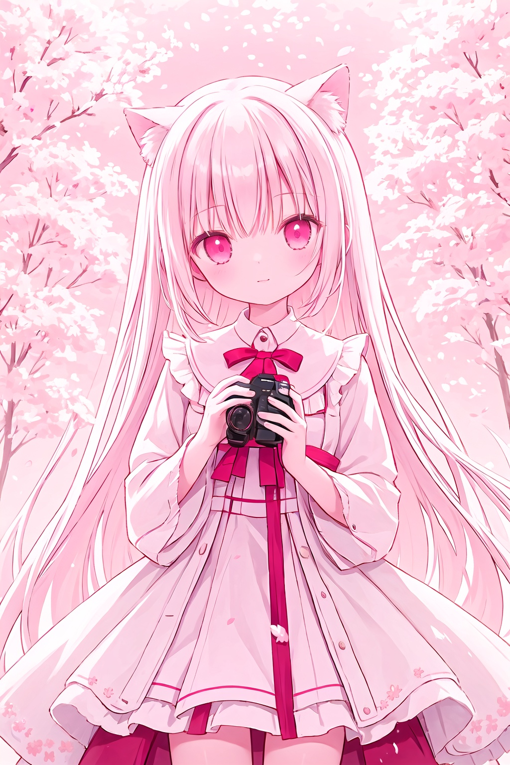 The image features a beautiful anime girl dressed in a flowing white and red dress,standing amidst a flurry of red cherry blossoms. The contrast between her white dress and the red flowers creates a striking visual effect. The lighting in the image is well-balanced,casting a warm glow on the girl and the surrounding flowers. The colors are vibrant and vivid,with the red cherry blossoms standing out against the white sky. The overall style of the image is dreamy and romantic,perfect for a piece of anime artwork. The quality of the image is excellent,with clear details and sharp focus. The girl's dress and the flowers are well-defined,and the background is evenly lit,without any harsh shadows or glare. From a technical standpoint,the image is well-composed,with the girl standing in the center of the frame,surrounded by the blossoms. The use of negative space in the background helps to draw the viewer's attention to the girl and the flowers. The cherry blossoms,often associated with transience and beauty,further reinforce this theme. The girl,lost in her thoughts,seems to be contemplating the fleeting nature of beauty and the passage of time. Overall,this is an impressive image that showcases the photographer's skill in capturing the essence of a scene,as well as their ability to create a compelling narrative through their art.catgirl,loli,white hair,pink eyes,1girl,loli,smile,blushi,<lora:mg 1.2.5.2:0.5>,