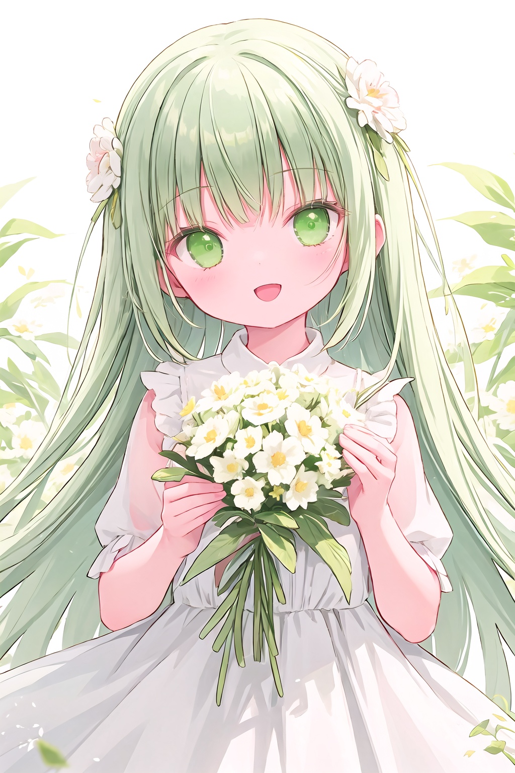 1girl, flower,white dress, solo, green hair, long hair, smile, open mouth, looking at viewer, bangs, white flower, green eyes<lora:mg 1.2.5.2:0.5>,