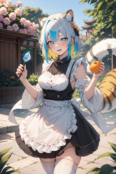  1girl, solo, looking_at_viewer, sad, skirt, thighhighs, long_sleeves, dress, animal_ears, blue_eyes, tail, full_body, long white with silver hair, multicolored_hair, food, fang, wide_sleeves, apron, fox_ear_fluff, bell, fangs, frilled_dress, frilled_sleeves,single_thighhigh, white_apron, frilled_apron, new_year, brown_skirt, brown_dress, claw_pose, tiger_ears, chinese_zodiac, tiger_tail, orange_\(fruit\), tiger, mandarin_orange, 2022, egasumi, tiger_girl, year_of_the_tiger, white_tiger,(masterpiece), (best quality), ((ultra-detailed)), A Pixar 3D showcasing coexisting harmoniously amid lush greenery, (crystal glowin on hand), eyesseye,standing,formal hands