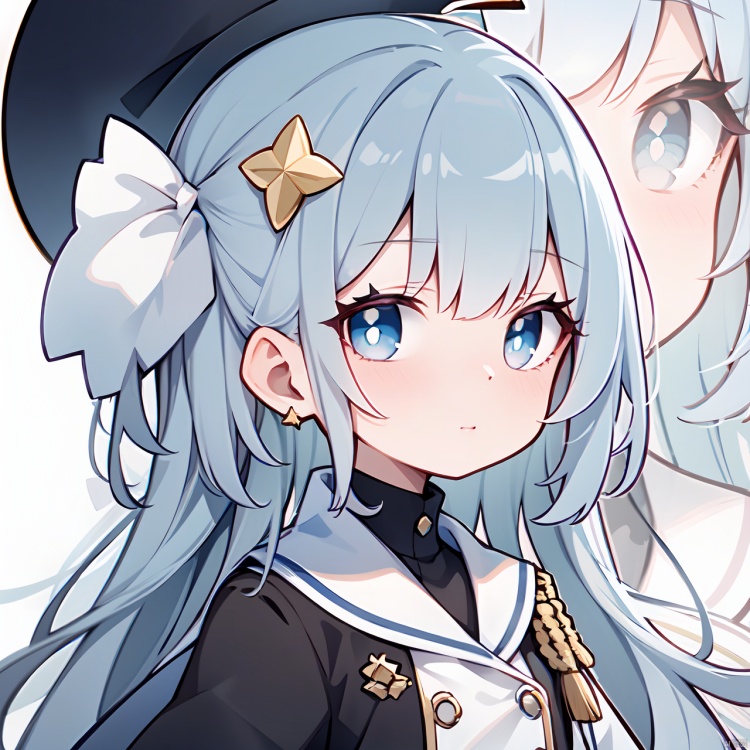  close-up,face focus,1petite loli,dark blue hair,long hair,(blue eyes),portrait,black coat,white uniform ,white skirt,((star hairpin)),star,closed month,happy, chibi,surrealistic, close-up, eyesseye