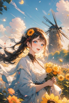  1girl, bangs, black_hair, blue_sky, blush, bouquet, breasts, city, cityscape, cloud, cloudy_sky, collarbone, confetti, daisy, day, falling_petals, fence, ferris_wheel, field, flower, flower_field, hair_ornament, hairclip, holding, holding_flower, house, jacket, leaves_in_wind, long_hair, long_sleeves, looking_at_viewer, open_clothes, open_jacket, outdoors, petals, rose_petals, sky, skyline, skyscraper, smile, solo, sunflower, tower, upper_body, wind, windmill, yellow_flower, (wide shot, mid shot, panorama), blurry,Nebula, flowing skirts,（smoke）,Giant flowers,, chang, Light-electric style