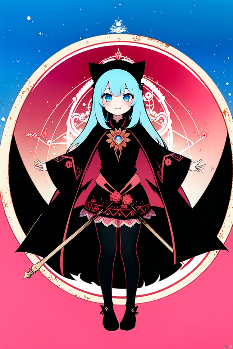  (flat color,limited palette,low contrast:1.2),(magic circle:1.2),Gorgeous,Elegant,Bohemian style,1girl,loli,((catgirl)),Magician,Warlock,(Staff), lace Magic Robe,(Sapphire Necklace),White Hair,very long hair,blue eyes,Wizard Hat,(Raven),Forest Mountain Background,looking at viewer,\nmasterpiece,best quality,high quality,highres,absurdres,printing,eyesseye