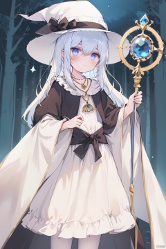  1girl,(flat color,limited palette,low contrast:1.2),(magic circle:1.2),Gorgeous,Elegant,Bohemian style,1girl,loli,((catgirl)),Magician,Warlock,(Staff), lace Magic Robe,(Sapphire Necklace),White Hair,very long hair,blue eyes,Wizard Hat,(Raven),Forest Mountain Background,looking at viewer,\nmasterpiece,best quality,high quality,highres,absurdres,printing,eyesseye