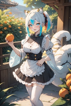  1girl, solo, looking_at_viewer, sad, skirt, thighhighs, long_sleeves, dress, animal_ears, blue_eyes, tail, full_body, long white with silver hair, multicolored_hair, food, fang, wide_sleeves, apron, fox_ear_fluff, bell, fangs, frilled_dress, frilled_sleeves,single_thighhigh, white_apron, frilled_apron, new_year, brown_skirt, brown_dress, claw_pose, tiger_ears, chinese_zodiac, tiger_tail, orange_\(fruit\), tiger, mandarin_orange, 2022, egasumi, tiger_girl, year_of_the_tiger, white_tiger,(masterpiece), (best quality), ((ultra-detailed)), A Pixar 3D showcasing coexisting harmoniously amid lush greenery, (crystal glowin on hand), eyesseye,standing
