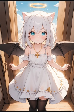  {masterpiece},white hair,yellow eyes,aqua eyes,looking up,stockings,long hair,hime cut,messy hair,floating hair,demon wings,halo,cross necklace,holy,divinity,shine,holy light,cat girl,(loli),(petite),solo,cozy anime,houtufeng,letterboxed,eyesseye