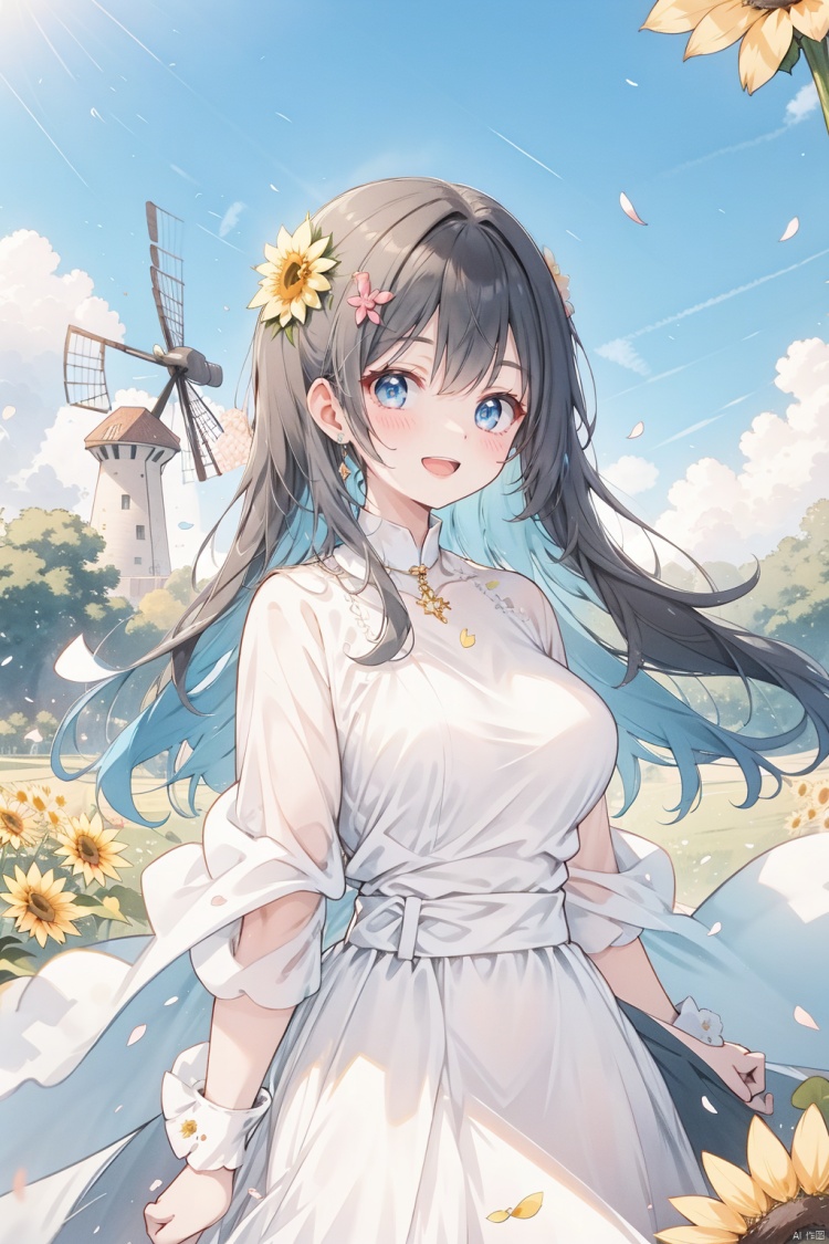  1girl, bangs, black_hair, blue_sky, blush, bouquet, breasts, city, cityscape, cloud, cloudy_sky, collarbone, confetti, daisy, day, falling_petals, fence, ferris_wheel, field, flower, flower_field, hair_ornament, hairclip, holding, holding_flower, house, jacket, leaves_in_wind, long_hair, long_sleeves, looking_at_viewer, open_clothes, open_jacket, outdoors, petals, rose_petals, sky, skyline, skyscraper, smile, solo, sunflower, tower, upper_body, wind, windmill, yellow_flower, (wide shot, mid shot, panorama), blurry,Nebula, flowing skirts,（smoke）,Giant flowers,, chang, Light-electric style, 30710
