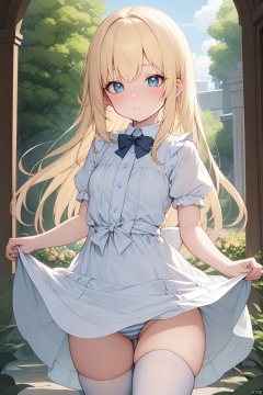  alice \(alice in wonderland\), solo,
blonde hair, hime cut, blue_dress, puffy short sleeves, white apron, blue_bow, blue eyes, striped thighhighs(blue and white striped), 1loli, petite, skirt_lift,girl,shine eyes01,seecolor,miji,eyesseye