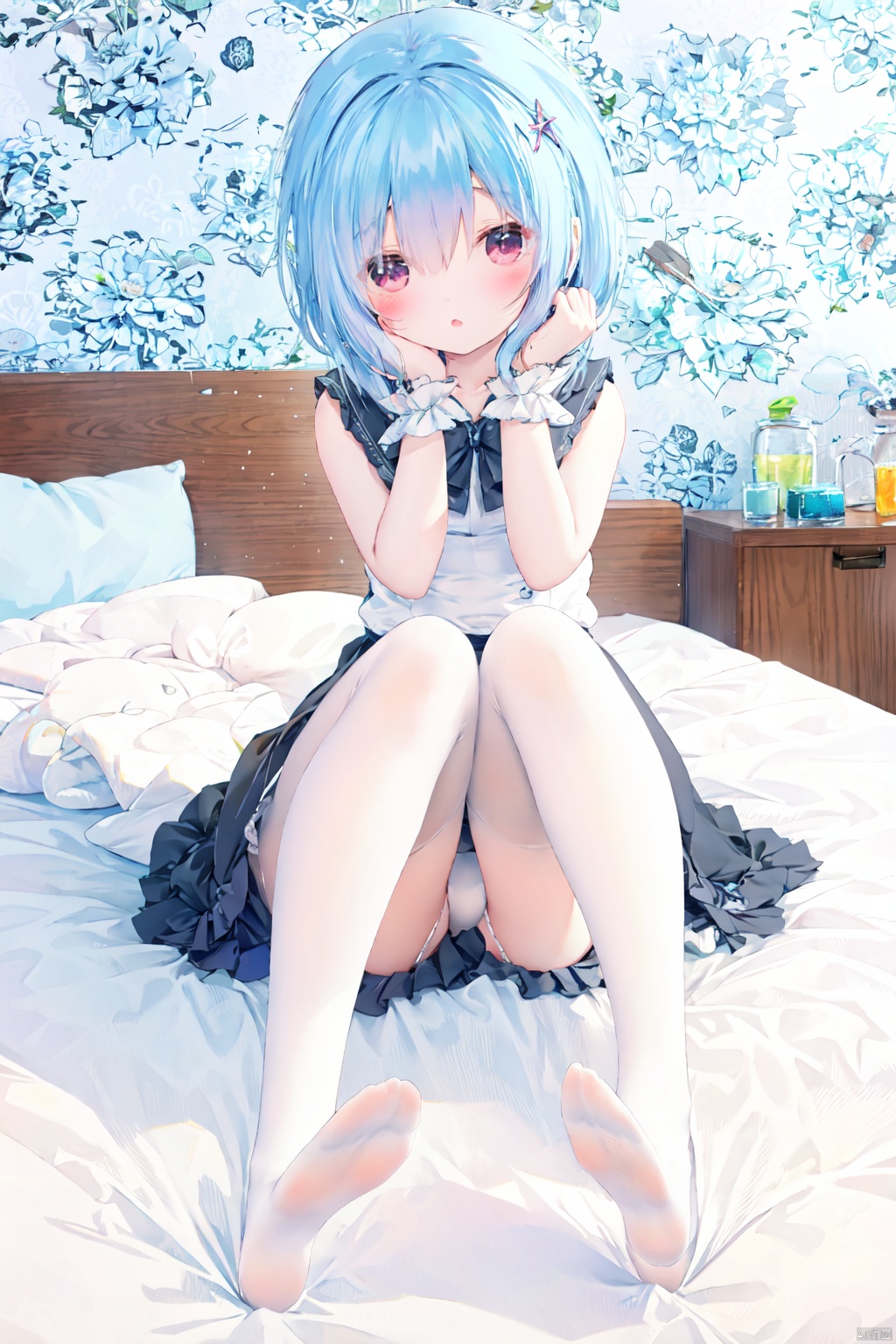 rem sitting on bed,  legs raised,  white stockings by 焦糖拿铁多加奶 on Tensor.Art