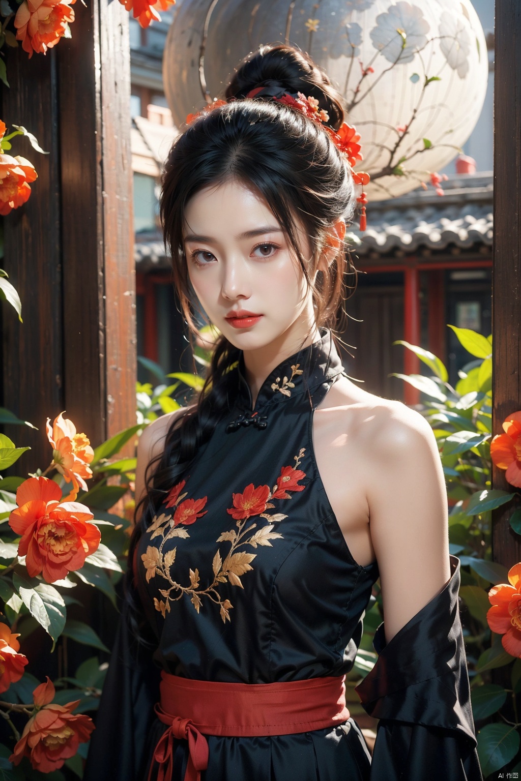 Hanfu, 1 girl, solo, hair, black long hair, hair accessories, hair sticks, hair flowers, single bun, realistic, clothing \ (Chinese dress, long sleeves, white, bare shoulders), flowers, (embroidered ball flowers, red flowers, green leaves, on hands and head), smile, (looking at the audience, outdoor, upper body: 1.2),

Background, Night, (Full Moon), Ancient Chinese Architecture, Courtyards, Mysterious Pavilions, Forests,
Masterpiece, best quality, Unreal Engine 5 rendering, movie lighting, movie shots, movie special effects, details, HDR, ultra high definition, 8K, CG wallpaper