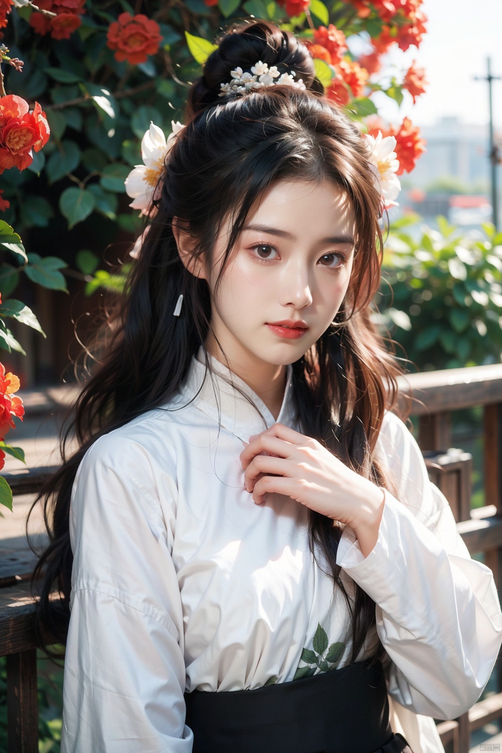 hanfu,1girl,flower,solo,hair ornament,realistic,chinese clothes,blurry,hair bun,upper body,hydrangea,looking at viewer,hand on own face,single hair bun,dress,hair stick,purple flower,smile,long sleeves,hand on own cheek,hair flower,leaf,
