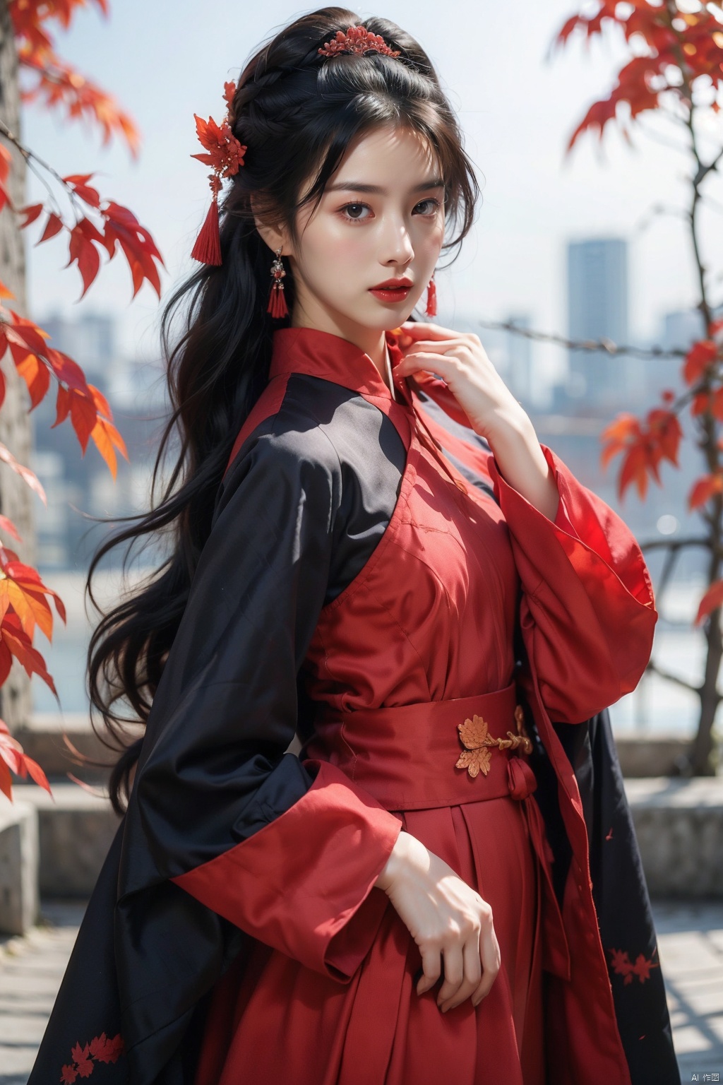 1girl,solo,long hair,hair ornament,jewelry,earrings,hanfu,black hair,chinese clothes,blurry background,blurry,red lips,holding,long sleeves,upper body,wide sleeves,leaf,branch,parted lips,lips,brown eyes,flower,tassel,maple leaf,realistic,autumn leaves,hair stick,hair flower,