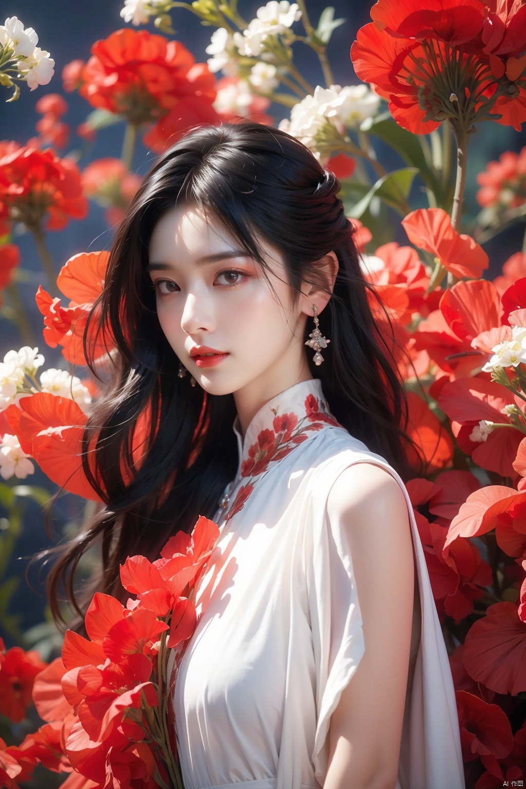  1girl, long hair, flower, Lisianthus, in the style of red and light azure, dreamy and romantic compositions, red, ethereal foliage, playful arrangements, fantasy, high contrast, ink strokes, explosions, over exposure, purple and red tone impression, abstract, whole body capture,
