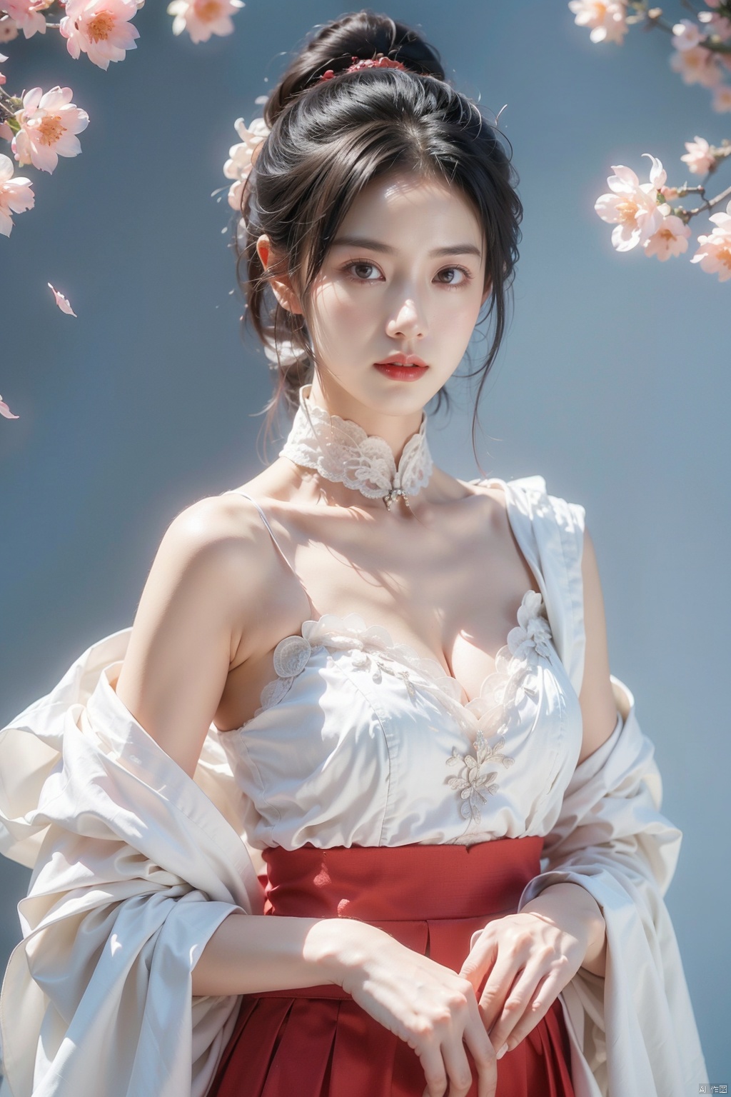 masterpiece, best quality, ultra high res, a seductive woman with a devilish figure and ample cleavage, adorned in a revealing lace hanfu that accentuates her curves, her captivating gaze directed towards the viewer, soft and diffused lighting that highlights her delicate features, blurred background with cherry blossom petals gently falling, professional photography with shallow depth of field, 85mm lens.,,