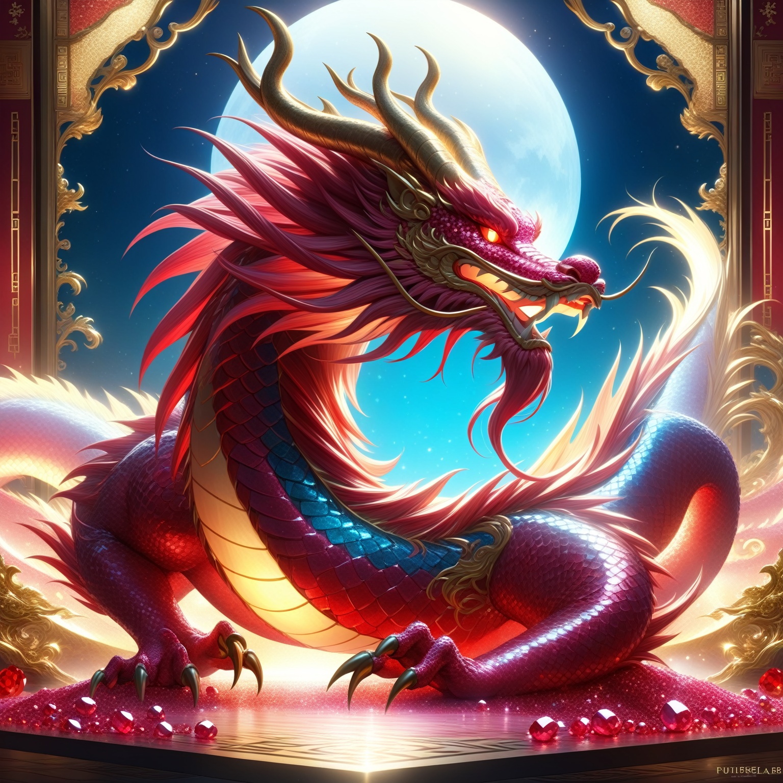 Chinese dragon made entirely of rubies,  shimmering and glowing,  intricate ruby texture on Tensor.Art