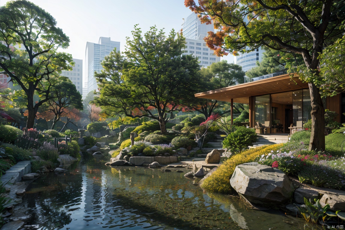 Beautiful plants, landscape design, （red maple：1.5）, oblique floating on the water, ((Best quality)),((Best quality)),((realistic)),((exterior view)),photo realistic,(masterpiece),orante,super detailed,intricate,photo like image quality,红枫, HDR, outdoor