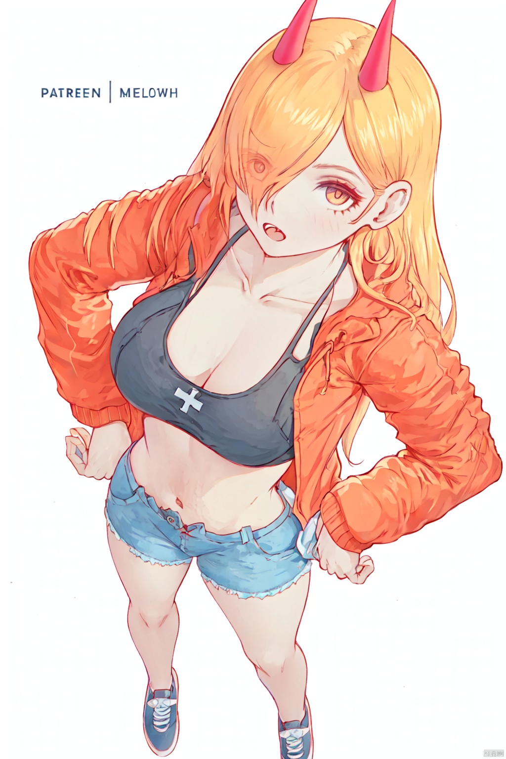 melowh, Art style, clean and crisp picture, 1girl, breasts, horns, power (chainsaw man), solo, shorts, cleavage, long hair, navel, jacket, looking at viewer, open mouth, sharp teeth, white background, teeth, simple background, collarbone, hair over one eye, red horns, shoes, large breasts, blonde hair, orange eyes, crop top, short shorts, demon horns, cross-shaped pupils, orange hair, hands on hips, open jacket, midriff, sports bra, from above, eyes visible through hair, open clothes, symbol-shaped pupils, sneakers, blue shorts, denim