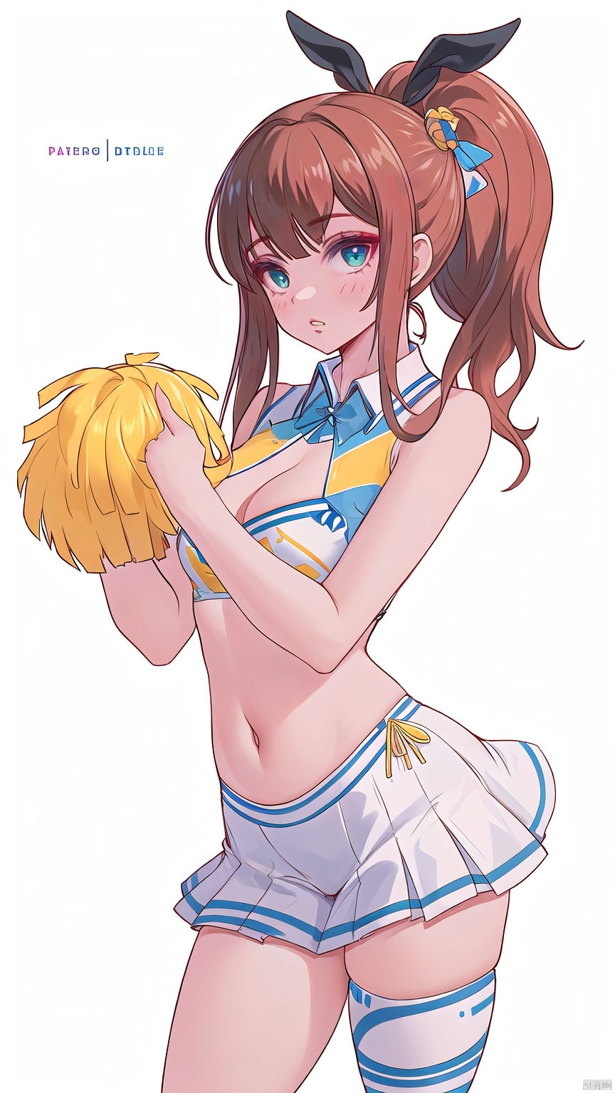  8k, best quality, masterpiece, (ultra-detailed:1.1), (high detailed skin),
miyuki, Art style, clean and crisp picture, 1girl, nonomi (blue archive), breasts, solo, green eyes, pom pom (cheerleading), cheerleader, long hair, thighhighs, skirt, looking at viewer, large breasts, hibiki (blue archive), halo, panties, hibiki (cheerleader) (blue archive), cleavage, white thighhighs, navel, underwear, hair bun, white background, cosplay, holding, simple background, parted lips, yellow panties, skindentation, bangs, holding pom poms, white skirt, light brown hair, pleated skirt, thighs, stomach, detached collar, bikini

(white background, simple background:1.6),

(beautiful_face), ((intricate_detail)), clear face,

((finely_detailed)), fine_fabric_emphasis,

((glossy)), full_shot, Anime,  melowh, Art style, clean and crisp picture, 