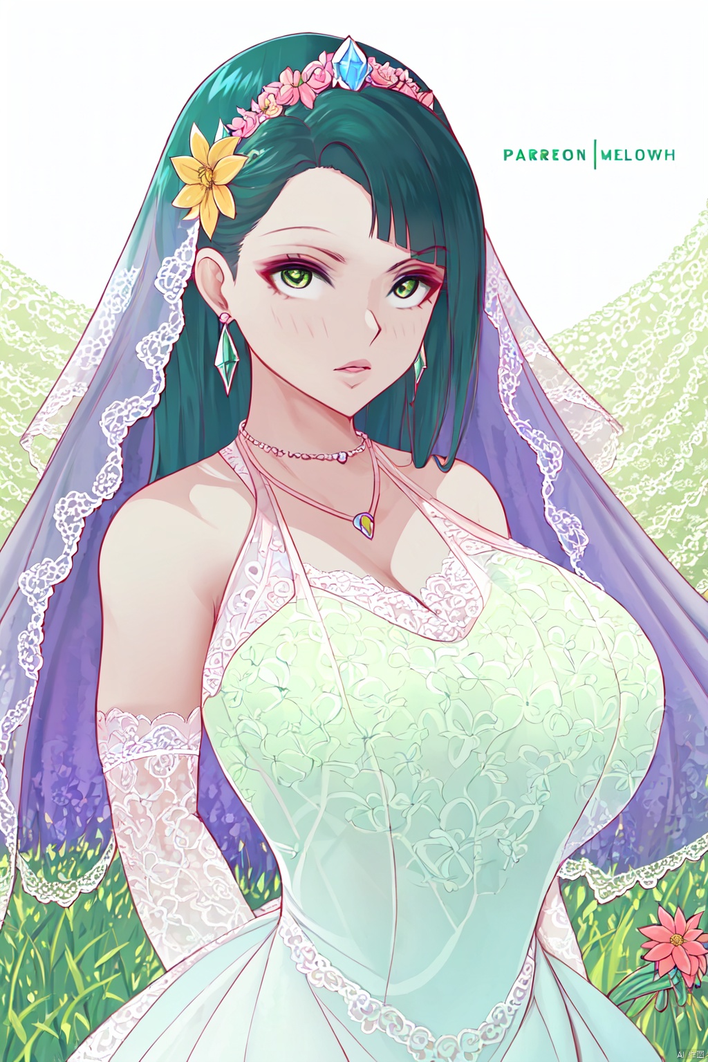  melowh, Art style, clean and crisp picture, (beautiful, best quality, high quality, masterpiece:1.3) ,solo, solo focus, huge breasts,Oval face, Water snake waist, big tits,big eye, (green lace wedding dress:1.39), veil, wedding gloves, holding flowers,Crystal Earring, Crystal Necklace, (no background),18yo girl, 1girl