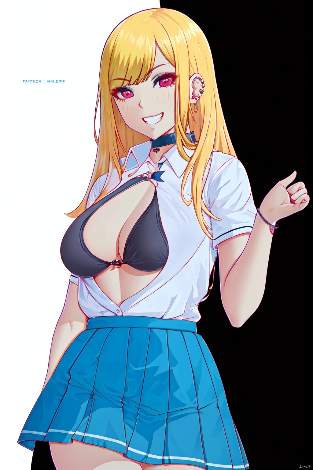 melowh, Art style, clean and crisp picture, 1girl, swimsuit, breasts, skirt, kitagawa marin, one-piece swimsuit, blonde hair, solo, skirt lift, shirt, large breasts, clothes lift, competition swimsuit, long hair, blue skirt, smile, black background, swimsuit under clothes, white shirt, looking at viewer, jewelry, choker, school uniform, open shirt, piercing, pleated skirt, red eyes, open clothes, ear piercing, black one-piece swimsuit, earrings, bangs, lifted by self, highleg swimsuit, collared shirt, simple background, grin, dress shirt, multicolored hair, thighs, bracelet, highleg, cowboy shot, swept bangs,