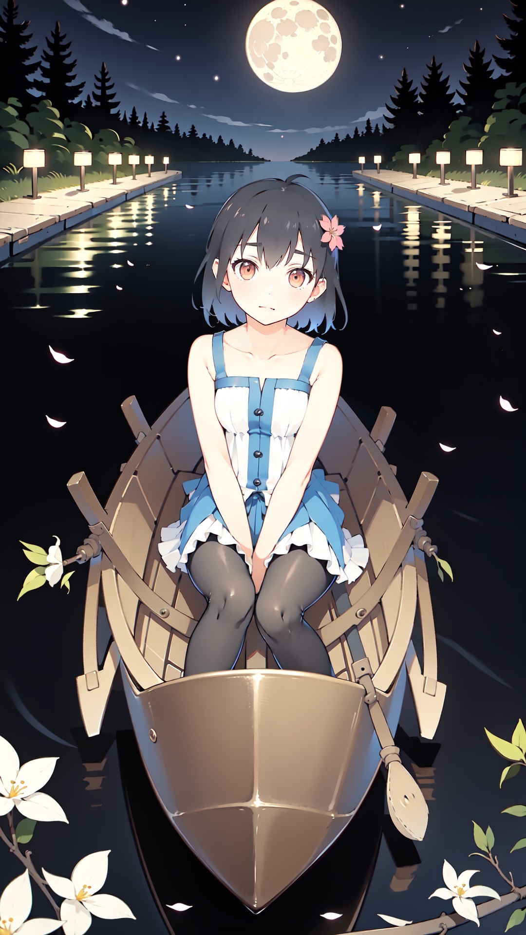 A young girl lying comfortably on a boat,  looking up at the starry night sky filled with colorful flowers surrounding the...