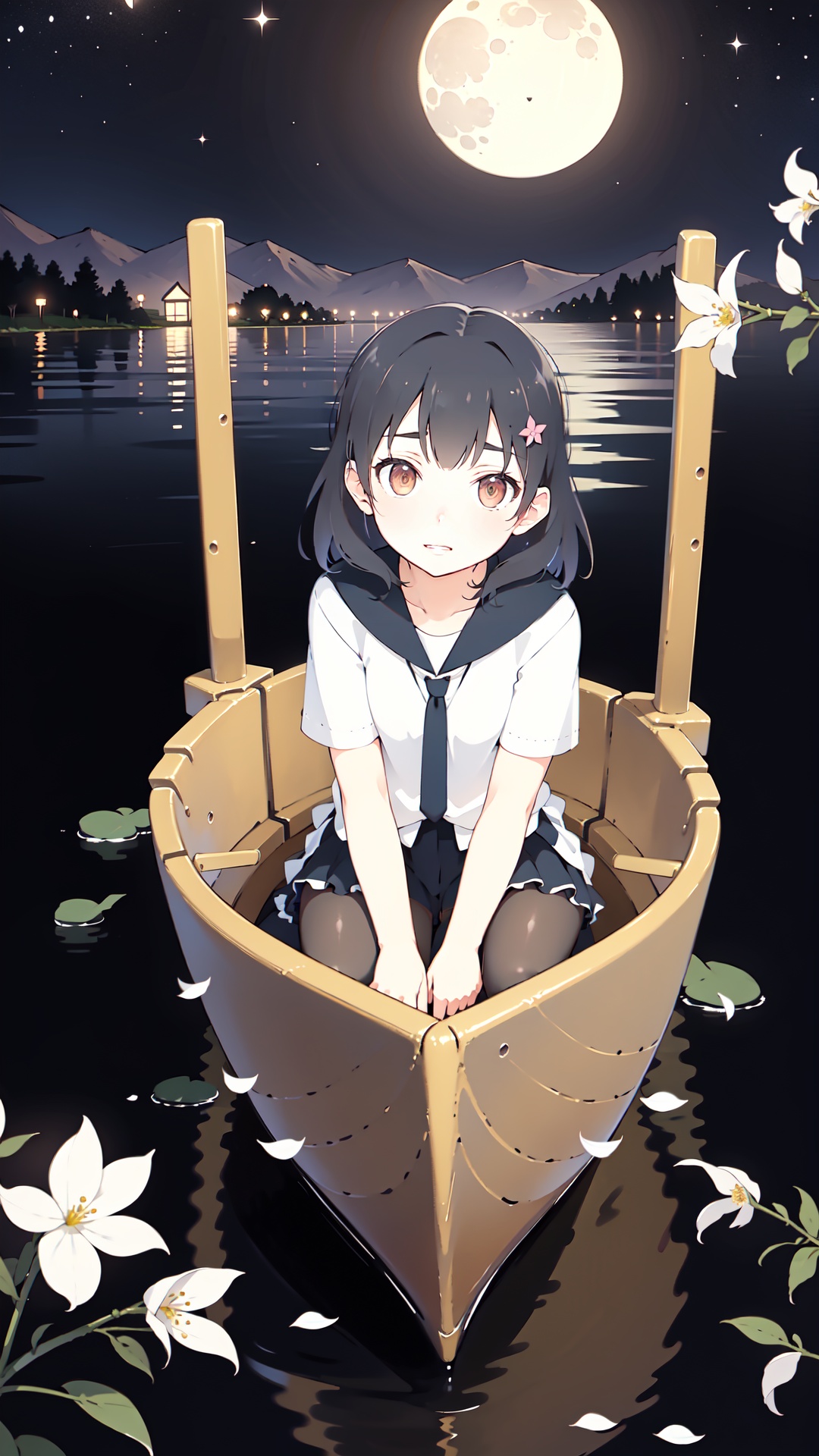 A young girl lying comfortably on a boat,  looking up at the starry night sky filled with colorful flowers surrounding the...