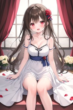 1girl, solo, long hair, breasts, looking at viewer, blush, open mouth, bangs, brown hair, red eyes, dress, holding, cleavage, bare shoulders, medium breasts, collarbone, flower, thighs, lying, teeth, sleeveless, indoors, on back, nail polish, white dress, bare arms, petals, bare legs, window, sleeveless dress, feet out of frame, rose, upper teeth only, curtains, red flower, red nails, strap slip, red rose, stairs, holding flower, rose petals, hair spread out