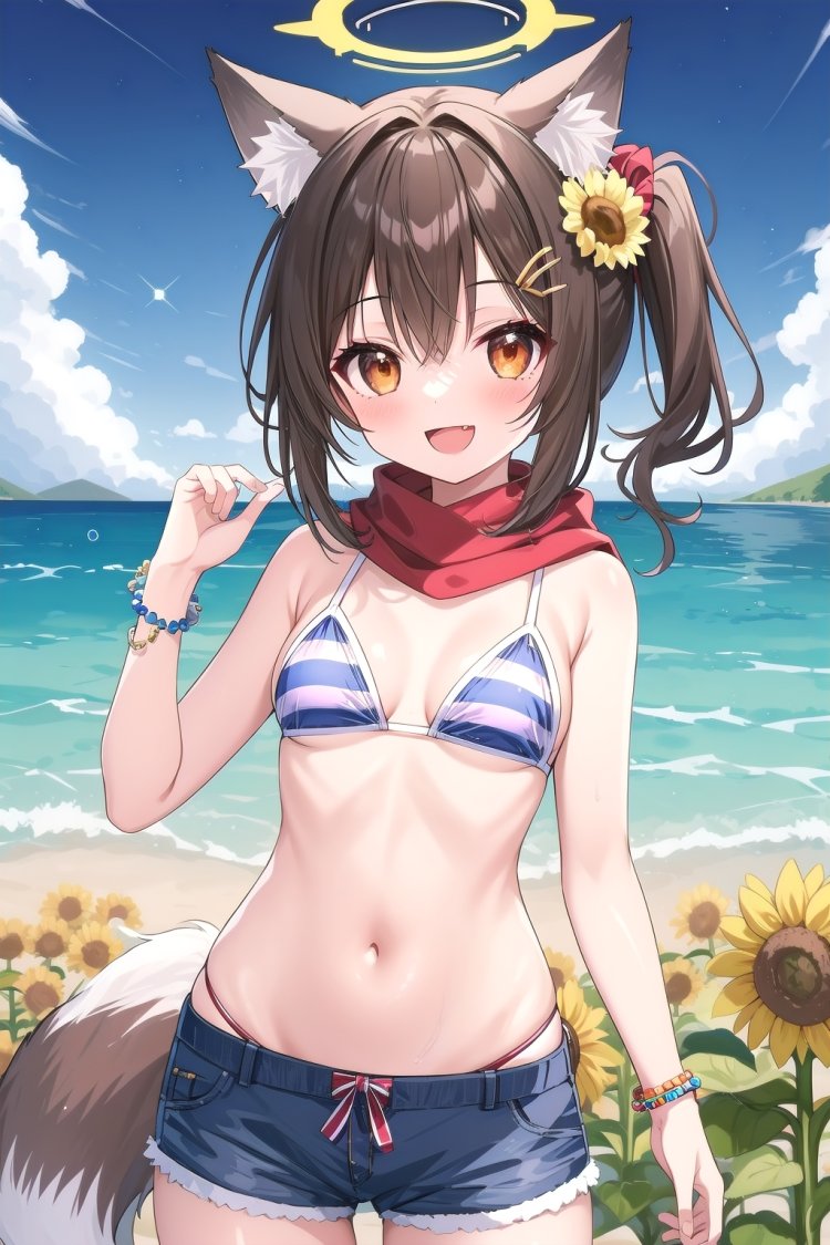 1girl, solo, breasts, looking at viewer, blush, smile, short hair, open mouth, brown hair, hair ornament, navel, animal ears, bare shoulders, jewelry, tail, swimsuit, flower, :d, bikini, thighs, small breasts, shorts, fang, striped, hair flower, stomach, scarf, side ponytail, bracelet, orange eyes, animal ear fluff, fox ears, makeup, fox tail, halo, scrunchie, fox girl, blue bikini, eyeshadow, beads, red scarf, striped bikini, visor cap, micro shorts, bead bracelet, fox shadow puppet, sunflower hair ornament, izuna \(blue archive\), masterpiece