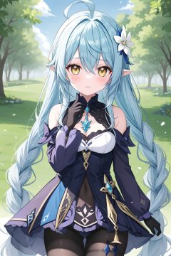 1girl, long hair, bangs, blonde hair, gloves, long sleeves, 1boy, dress, hair between eyes, bare shoulders, very long hair, blue hair, yellow eyes, braid, ahoge, pantyhose, outdoors, parted lips, detached sleeves, pointy ears, black gloves, hood, looking at another, single braid, drill hair, aether \(genshin impact\)