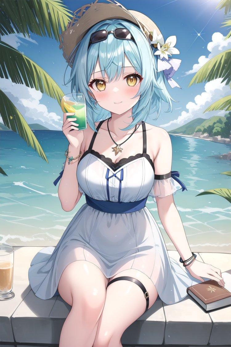 1girl, solo, breasts, looking at viewer, bangs, hat, dress, holding, jewelry, sitting, blue hair, yellow eyes, hairband, food, alternate costume, medium hair, necklace, white dress, bracelet, cup, book, thigh strap, sunglasses, black hairband, sun hat, eyewear removed, holding eyewear, eula \(genshin impact\)