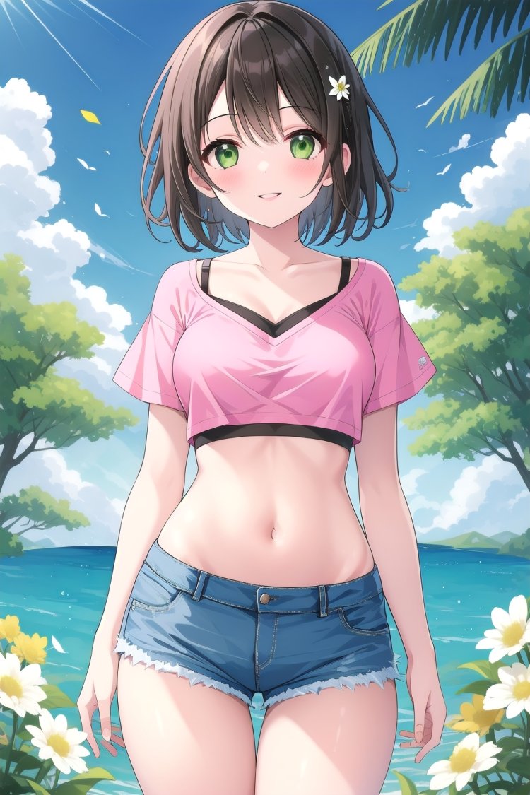 1girl, solo, breasts, looking at viewer, blush, smile, short hair, bangs, brown hair, shirt, black hair, navel, medium breasts, green eyes, standing, collarbone, flower, short sleeves, thighs, cowboy shot, outdoors, parted lips, shorts, day, midriff, stomach, tree, crop top, torn clothes, short shorts, thigh gap, denim, white flower, blue shorts, denim shorts, pink shirt, arms at sides, crop top overhang, cutoffs, bra strap, torn shorts