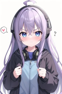 1girl,solo,long hair,looking at viewer,blush,bangs,blue eyes,hair between eyes,closed mouth,jacket,purple hair,v-shaped eyebrows,sleeves past wrists,headphones,anger vein,:t,pout,spoken anger vein,
