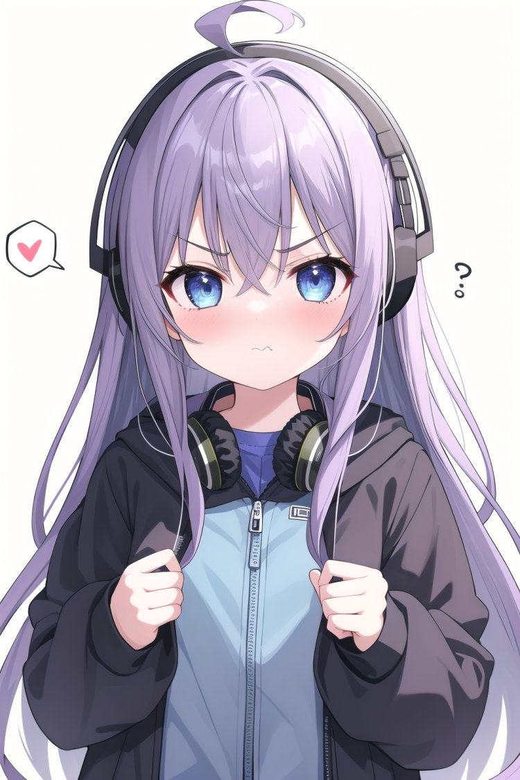 1girl,solo,long hair,looking at viewer,blush,bangs,blue eyes,hair between eyes,closed mouth,jacket,purple hair,v-shaped eyebrows,sleeves past wrists,headphones,anger vein,:t,pout,spoken anger vein,