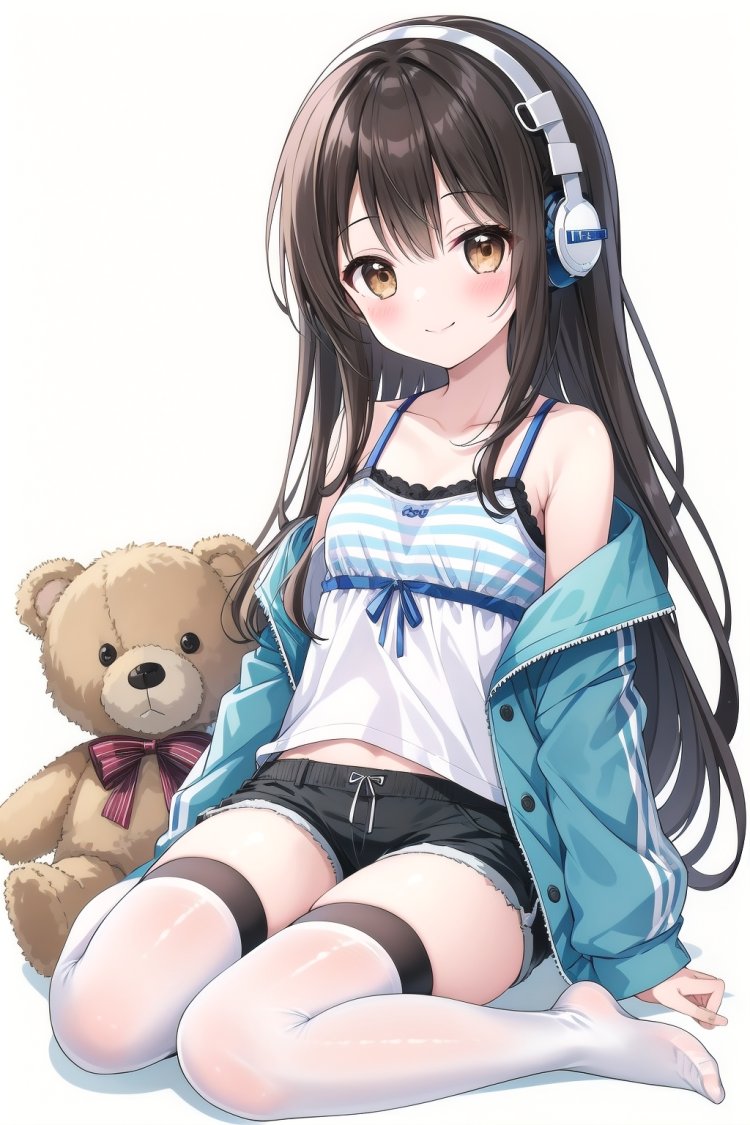 1girl, solo, long hair, looking at viewer, blush, smile, bangs, simple background, brown hair, shirt, thighhighs, long sleeves, white background, bare shoulders, brown eyes, sitting, very long hair, closed mouth, collarbone, jacket, full body, open clothes, shorts, striped, off shoulder, white thighhighs, open jacket, short shorts, headphones, no shoes, black shorts, stuffed toy, stuffed animal, blue jacket, striped thighhighs, camisole, teddy bear, scissors