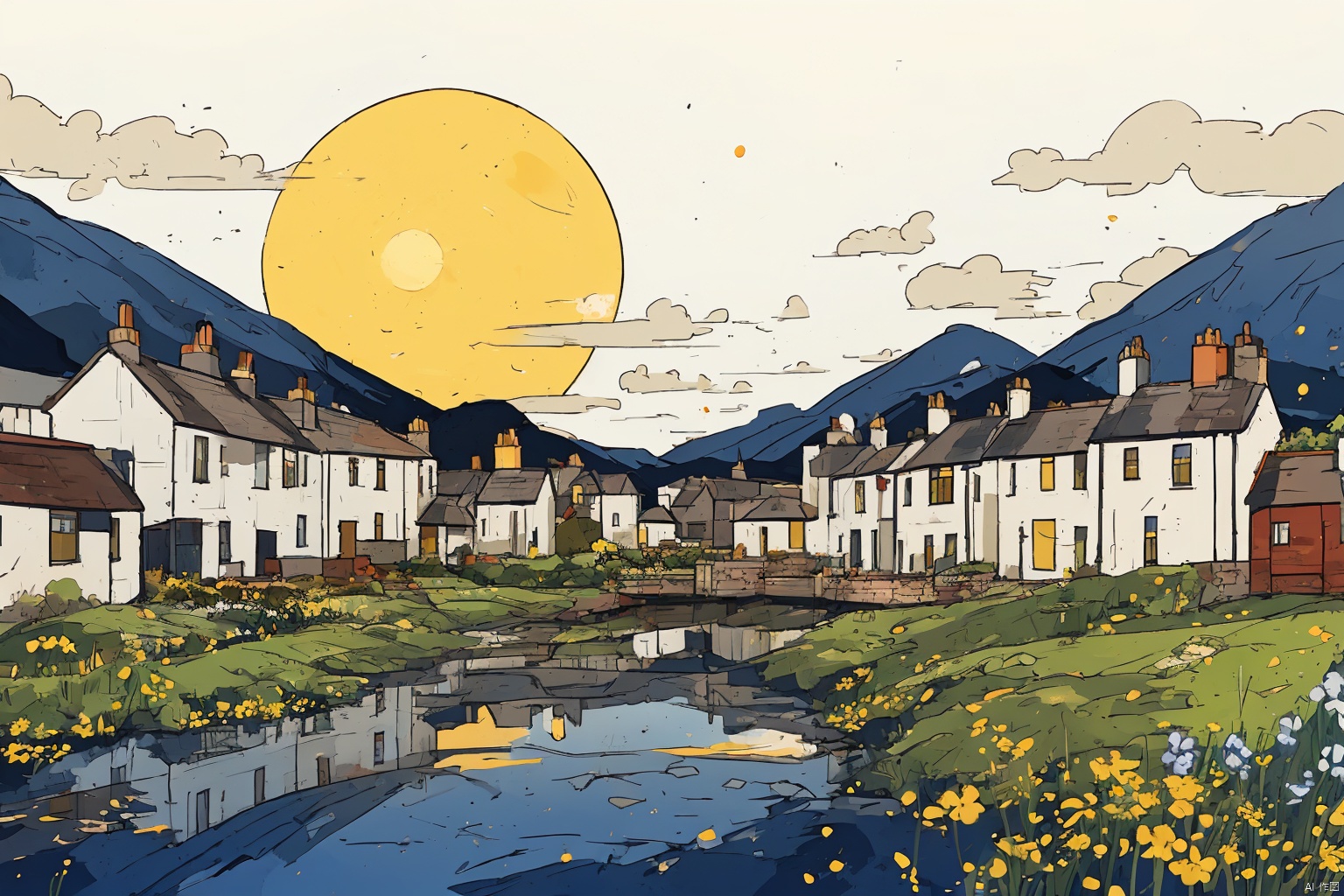  
sketch of the white buildings and yellow sun with buildings dotted with houses, in the style of scottish landscapes, historical documentation, bloomcore, poignant, authentic details, bold, black lines, illustration, mdong