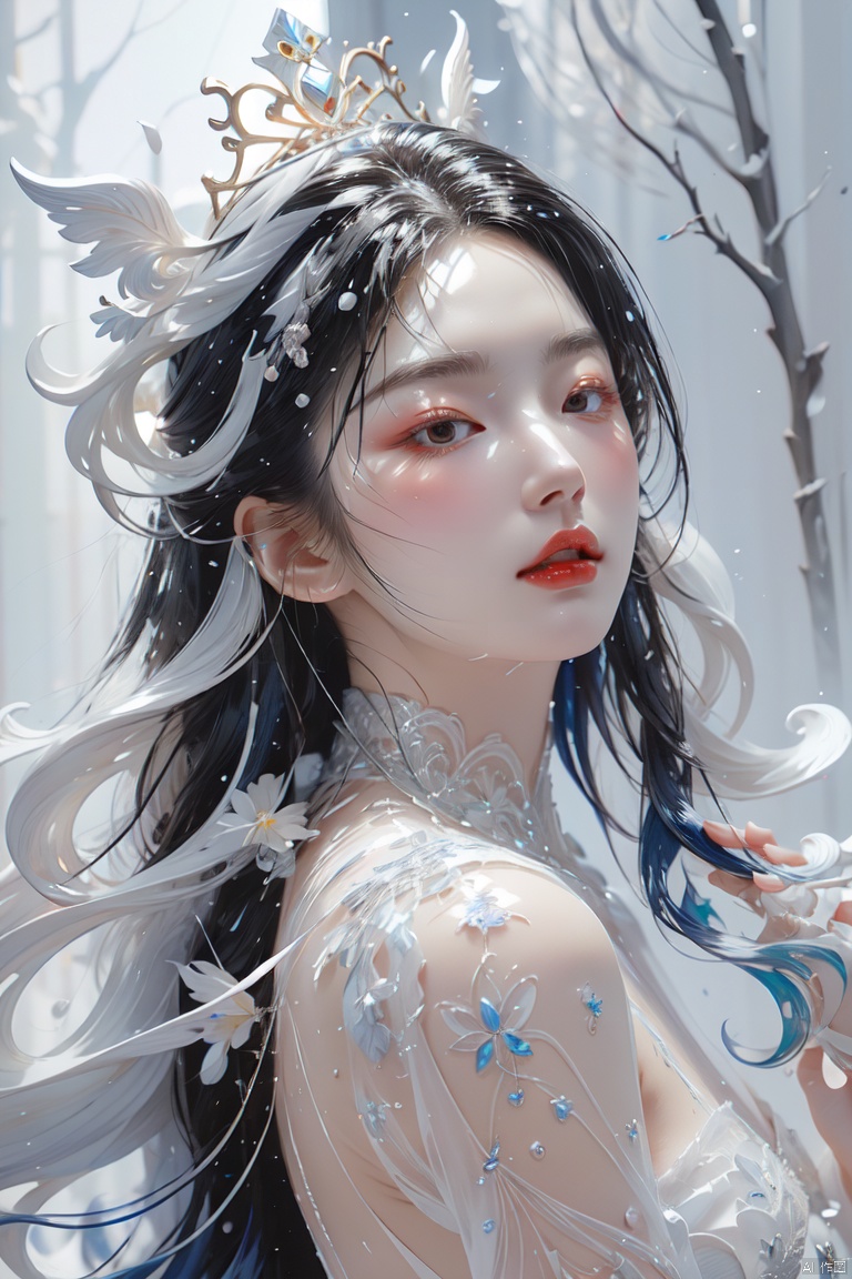  (Masterpiece:1.2),best quality,(night sky, wery long blue hair:1.2),(illustration:1.2),beautiful scenery,scared,(Masterfully crafted Glow, lens flare),(ultra-detailed),hyper details,(delicate detailed),(intricate details),(cinematic light, best quality Backlights),clear line,new world,viewer,solo female,perfect body,(1female),(Bright bioluminescent hair hair, bright glowing eyes),(Dynamic:1.3),((makeup)),high contrast,(best illumination, an extremely delicate and beautiful),((cinematic moonlight)),colourful,((Photoshop Pastel Painting:1.1)),ethereal,(Cinematic masterpiece),suspense,splashes of colour,absolutely eye-catching,((caustic)),dynamic angle,beautiful (detailed glow),(eerie),(Intricate Detailed Cinematic Scenery Behind:1.2),ambient occlusion,(ambient moonlight),ray-traced reflections,intricately detailed visible background,night snow storm,stars,very long curly white hair,ice queen,white and light blue gothic royal dress with embroidery,long embroidered stockings,crystals and pearls,big halo shaped crown,ice crystals around,snow storm,mature woman,1girl,yellow_footwear,high_heels, (\fan hua\)