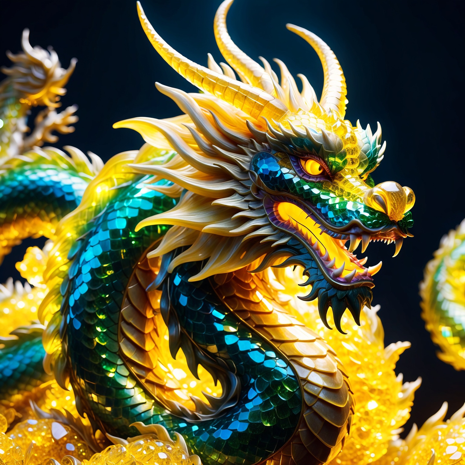 Chinese dragon made entirely of yellow crystal,  shimmering and glowing,  intricate yellow crystal texture on Tensor.Art