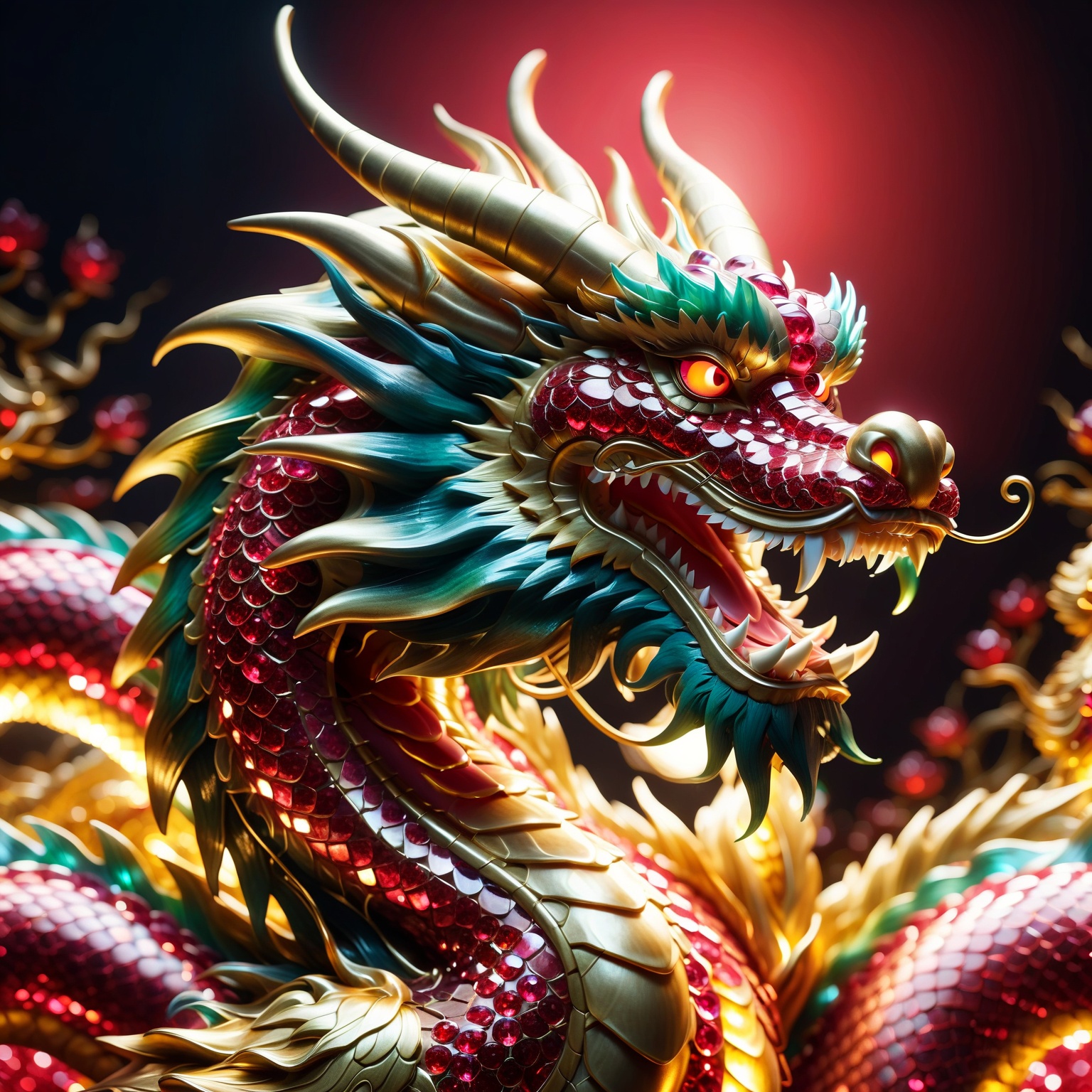 Chinese dragon made entirely of rubies,  shimmering and glowing,  intricate ruby texture on Tensor.Art