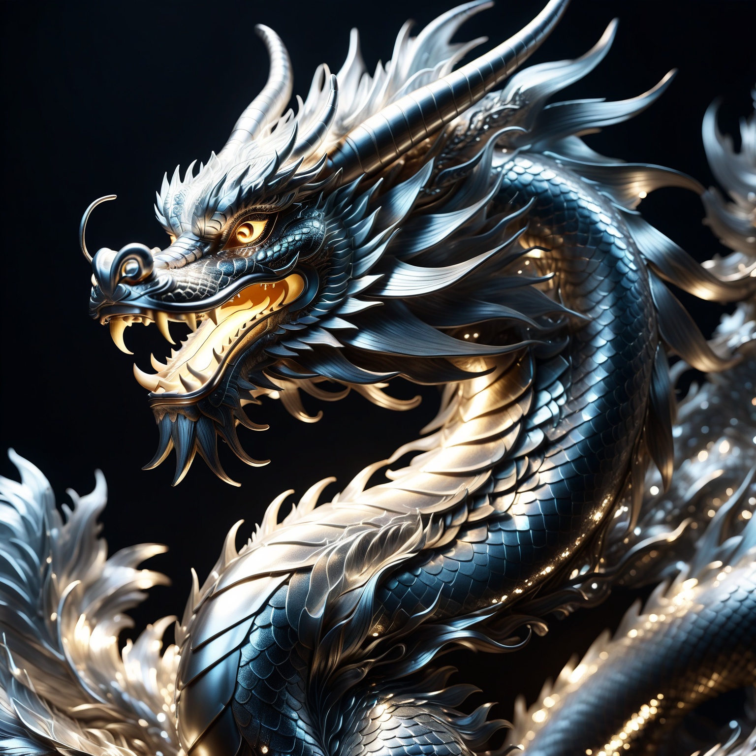 Chinese dragon made entirely of platinum,  shimmering and glowing,  intricate platinum texture on Tensor.Art
