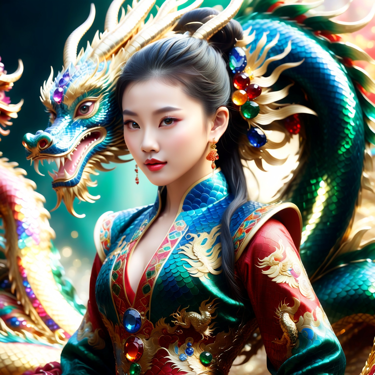 realistic style young girl,  entire body adorned with gemstones,  Chinese dragon form on Tensor.Art