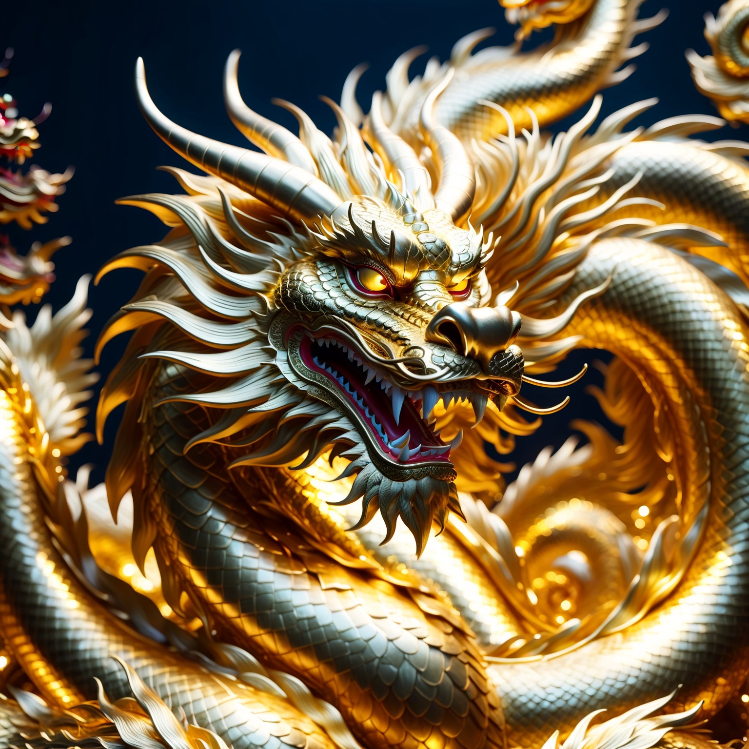 Chinese dragon made entirely of gold,  shimmering and glowing,  intricate gold texture on Tensor.Art