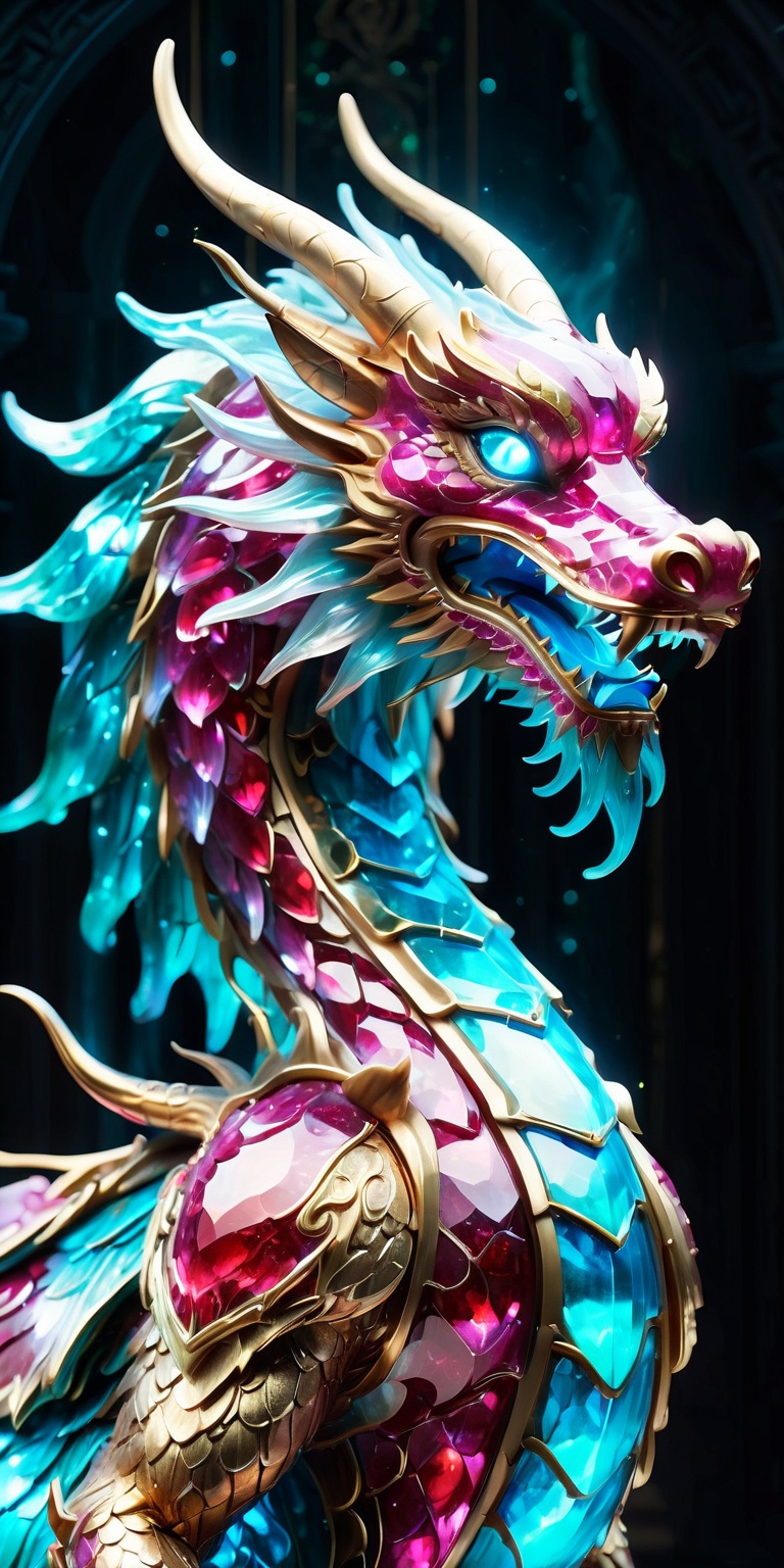 Chinese dragon made entirely of rubies,  shimmering and glowing,  intricate ruby texture on Tensor.Art