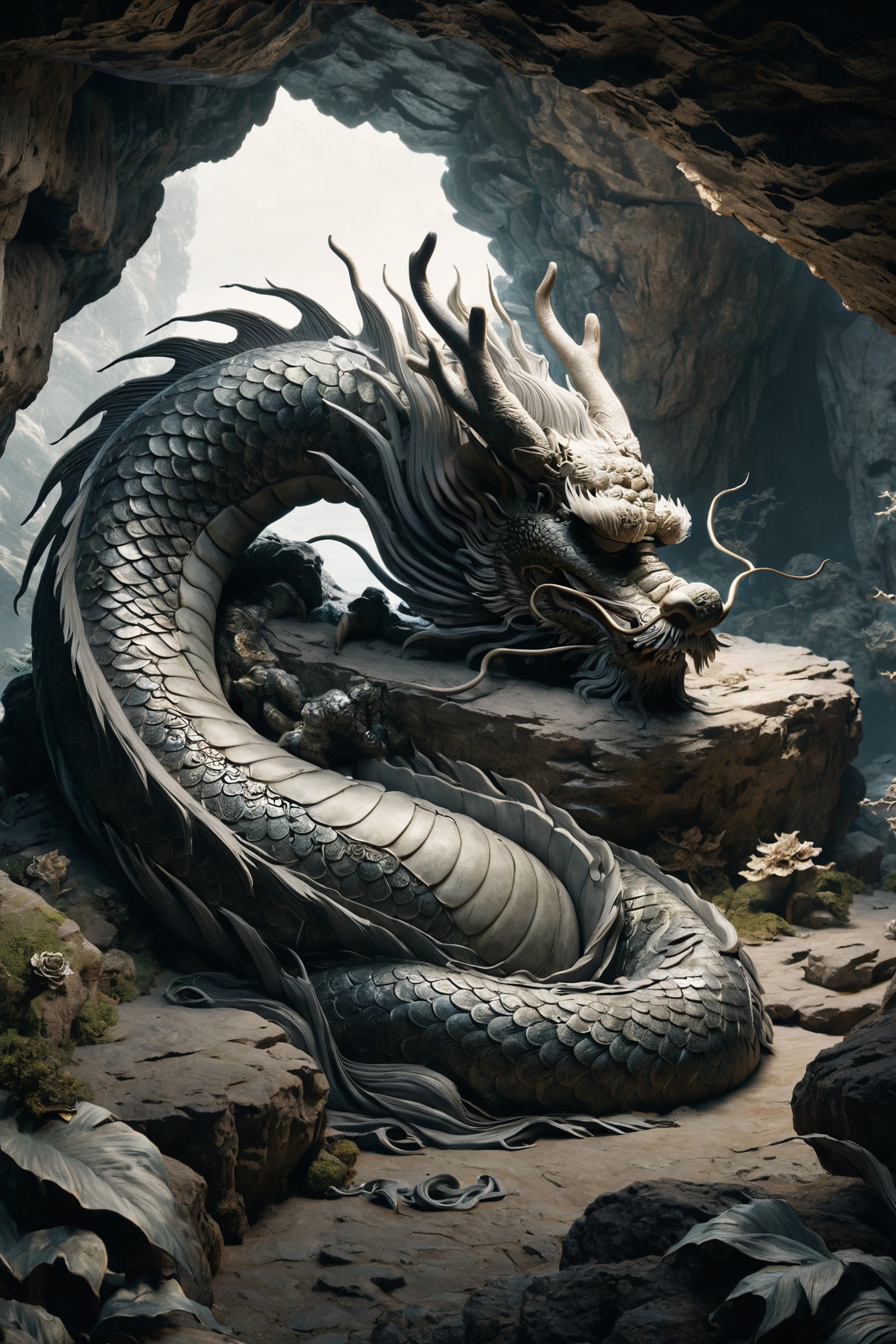 Chinese dragon sleeping in a deep ancient cave,  head bowed,  dignified and introspective on Tensor.Art