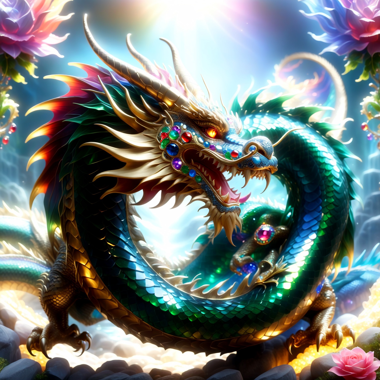 dragon intricately adorned with various gemstones,  jewels embedded along its body,  scales sparkling with emeralds on Ten...