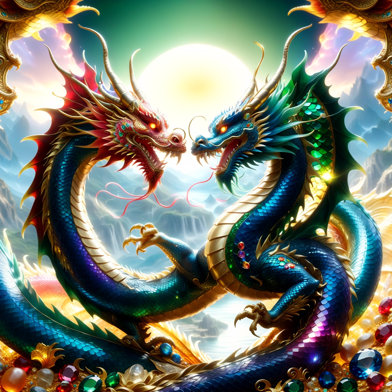 dragon intricately adorned with various gemstones,  jewels embedded along its body,  scales sparkling with emeralds on Ten...